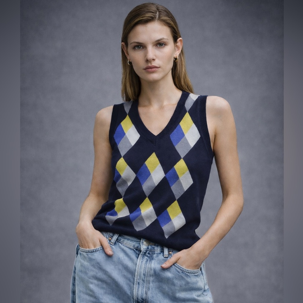 BANANA REPUBLIC Argyle Sweater Vest Cotton Blend Navy Petite PS Preppy